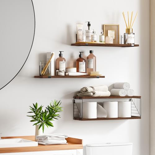 Fixwal Bathroom Floating Shelves Over Toilet, 15.8in Farmhouse Rustic Wood Shelves, Wall Decor for Bathroom, Living Room, Bedroom and Kitchen (3 Plus 1 Tier Dark Brown) - color: Dark Brown