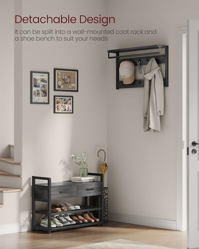 VASAGLE Hall Tree with Bench and Shoe Storage, Entryway Coat Rack with Shoe Bench, 2 Fabric Drawers, 10 Hooks, 11.8 x 31.7 x 71.5 Inches, Stone Gray and Ink Black UHSR429B04 - color: Stone Gray + Ink Black
