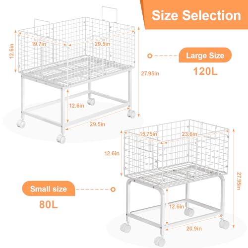 Large Rolling Laundry Basket Cart,Wire Laundry Hamper Cart with Handle and Wheels,White High Laundry Hamper for Laundry Room,Bedroom and Bathroom-120L White (29.5"L*19.7"W*27.95"H inch) - style: Large Oblong-White
