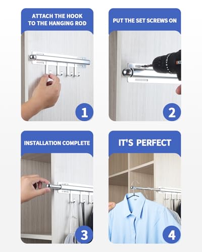 BaiNong 12 inch Valet Rod for Closets Pull Out Closet Valet Rod Slide Out With 4 Hooks Silver Pull Out Clothes Hanger - color: Silver, size: 12 Inch