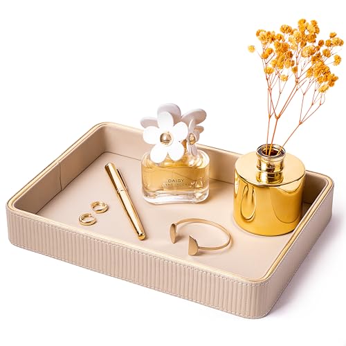 Perfume Tray Valet Tray Night Stand Bedside Organizer| Perfume Organizer Catchall| Perfume Trays for Dresser Vanity Tray for Dresser Countertop| Perfume Holder Leather Tray Organizer (Beige) - color: Beige 1 Pack, size: 8" x 11" x 1.8"