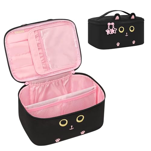 OCHEAL Makeup Bag,Travel Makeup Organizer Bag, Cute Cosmetic Bags for Women Girls Travel Toiletry Bag Traveling With Brush Slot And Divider-Cat - color: 0020_Black Cat, size: Medium