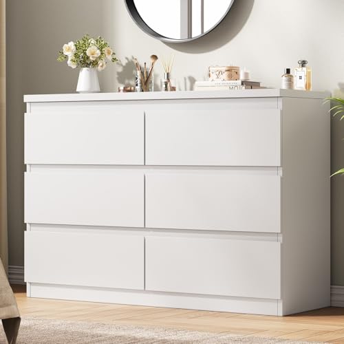 Jocoevol White 6 Drawer Dresser for Bedroom, 15.3" D x 47.2" W x 32.3" H in Simply Modern Chest of Drawers, Wood Storage Double Dresser with Deep Drawers for Living Room, Hallway Entryway, White - color: White