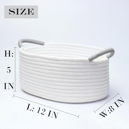 Yimi's Dream Basket for Gifting, Small Baskets for Shelves, White Cotton Rope Basket with Grey Handle for Decor, Baby Cat Dog Toy(Oval, 12"x 8"x 5") - color: white with grey handle, size: Oval - 12"x8"x5"