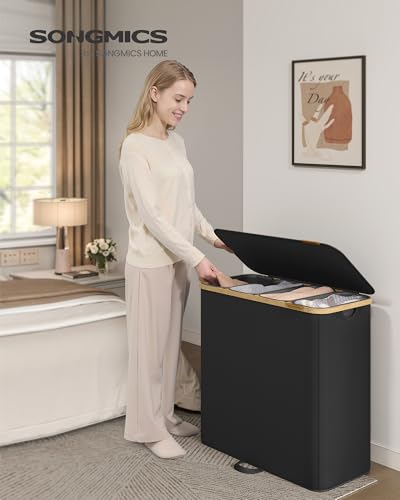 SONGMICS Laundry Hamper, Laundry Sorter with Lid, Storage Basket Bin, Removable Liners, Bamboo Frame, for Bedroom, 4 Sections, 59.4 Gallon (225 L), Ink Black ULCB534BH01 - color: Ink Black, size: 225 L (4-Section)