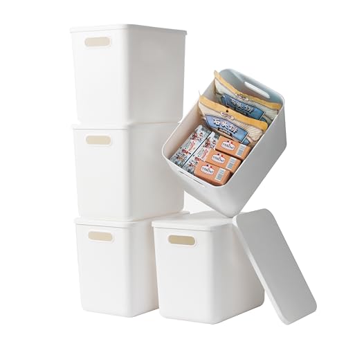 5 pack large plastic White storage bins with Lids, Toy Box Chest with Handle，Organizer Containers Baskets for Baby,Nursery，Shelves，Playroom, Bedroom，Office,Closet，home (White, 5L) - color: White, size: Set of 5 Large