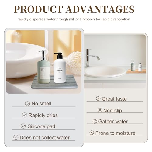 2PCS Fast-Dry Diatomite Sink Tray Set, Ultra Absorbent Soap Holder & Coaster with Non-Slip Feet & Grooved Design, Bathroom Kitchen Countertop Organizer, 8.3x4 Inches (Grey)