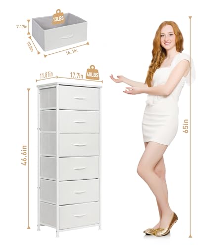 Mifuro Tall Dresser for Bedroom with 6 Drawers, Vertical Storage Organizer Tower, Chest of Drawers with Fabric Bins, Steel Frame, Wood Top for Bedroom, Closet, Entryway- White - color: White, size: 6 Medium Drawers