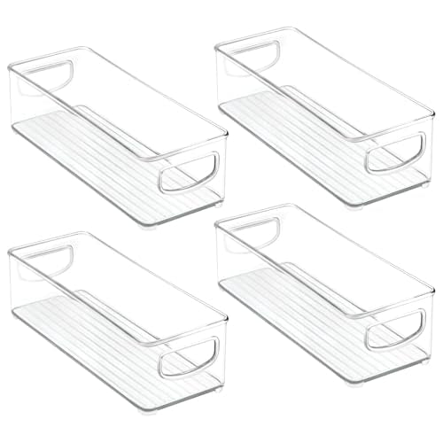 mDesign Plastic Bathroom Storage Container Bins w/ Handles - Closet, Cabinet, Vanity, Cupboard Shelf Organization, Hair Tools Accessory Organizer - Ligne Collection; Clear, 4x10x3 (Pack of 4) - size: 4 x 10 x 3 (Pack of 4)