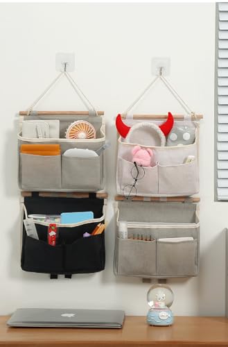 Bedside Caddy 2 Pcs Bed Organizer Storage Bags Over Door Hanging Storage Pouches with Pockets and Hooks for Bunk - color: White