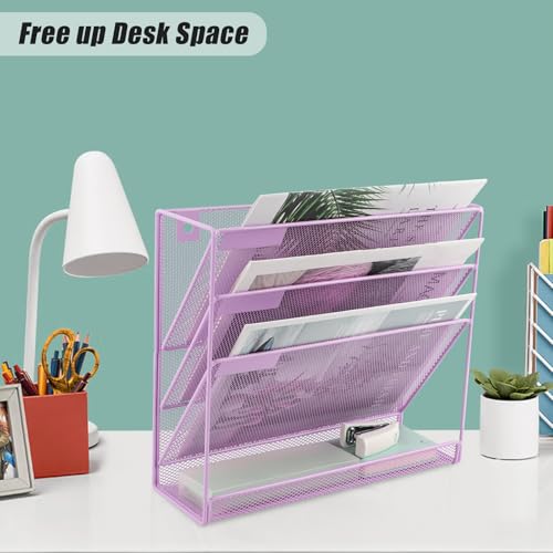 EASEPRES Desk File Organizer Mesh 4-Tier, Hanging Wall Mount Document Organization Stand, Desktop Vertical Mail Paper Folder Holder Rack with Bottom Tray for Office Home Cubicle, Light Purple - color: Light Purple, size: 4 Tier
