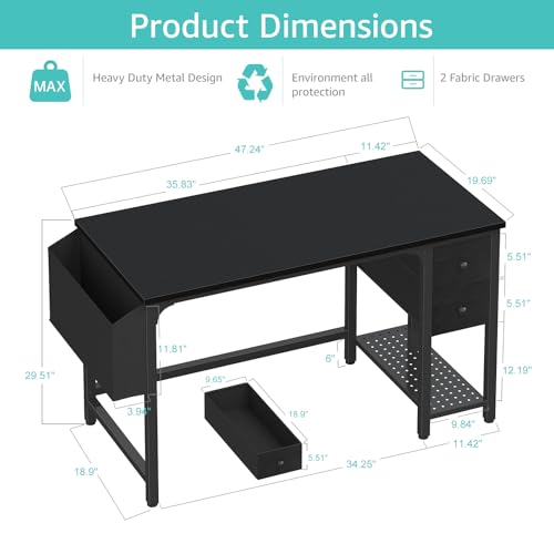 Lufeiya Gaming Desk with Fabric Drawers, 47 Inch Computer Desk for Home Office, Modern Simple Study Writing Table PC Desks for Bedroom, Black - color: Black, size: 47 inch
