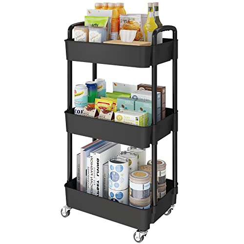 Laiensia 3-Tier Storage Carts,Multifunction Utility Rolling Cart Kitchen Storage Organizer,Mobile Shelving Unit Cart with Lockable Wheels for Bathroom,Laundry,Living Room,With Classified Sticker,Black - color: Black, size: 3-Tier