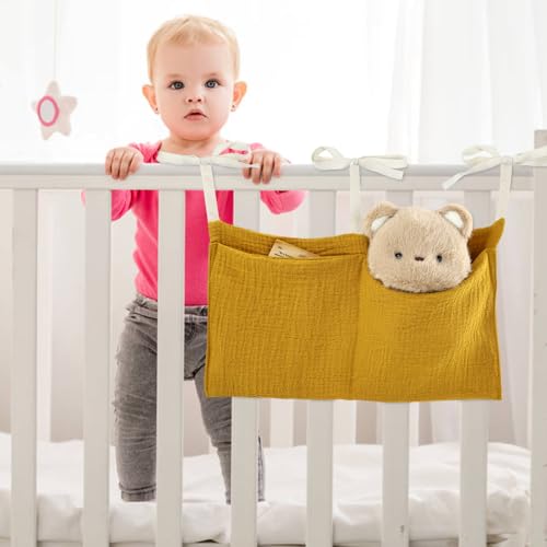 Cinaci 2pcs Cotton Pram Stroller Caddy Baby Crib Hanging Organizers Storage Pockets Nappy Diaper Bags Bedside Pockets for Milk Bottle/Soothing Toys/Wipes (Cream Set) - color: Cream and Ginger Set
