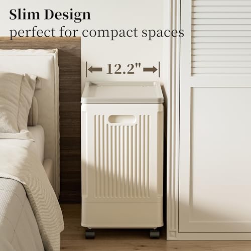 HAIXIN HOME Slim Rolling Laundry Hamper with Lid, 60L Foldable Plastic Laundry Basket on Wheels with Handle, Dirty Clothes Hamper Cart for Narrow Spaces, Bedroom, Bathroom, Closet, Dorm, Under Table - color: Milky, size: 60L - 1 Pack