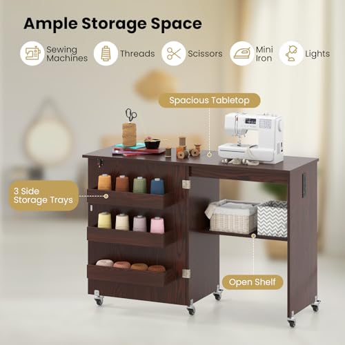 Giantex Folding Sewing Table with Storage, 3 Side Trays & Open Shelf, Built-in Charging Station, Mobile Craft Desk with Lockable Wheels, Space-Saving Sewing Machine Table for Home, Dorms, Espresso - color: Espresso