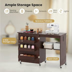 Giantex Folding Sewing Table with Storage, 3 Side Trays & Open Shelf, Built-in Charging Station, Mobile Craft Desk with Lockable Wheels, Space-Saving Sewing Machine Table for Home, Dorms, Espresso - color: Espresso