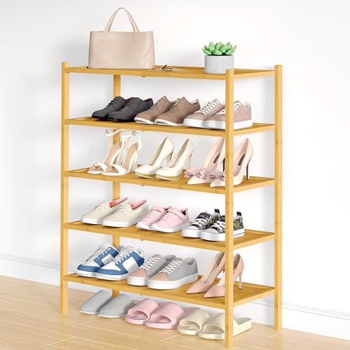 Smiry Bamboo Shoe Rack, 5 Tier Shoe Organizer for Entryway & Closet, Stackable Free Standing Storage Shelf for Shoes, Bags & Plants, Natural - color: Natural, size: 5 Tier-Regular