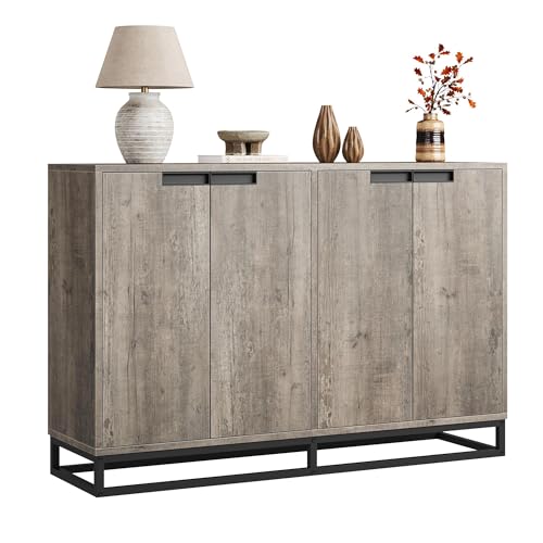 IDEALHOUSE 55 Inch Sideboard Buffet Cabinet with Storage, Accent Cabinet with 4 Doors & Adjustable Shelves, Multifunctional Storage Cabinet for Kitchen, Dining Room, Entryway & Living Room - color: Grey