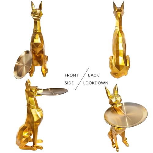 3D Large Dog Sculpture Tissue Box Cover & Key Holder Stand – Golden Resin Side Table, Multipurpose Entryway Organizer with 11.8" Detachable Tray, Cute Door Side Art Ornaments Living Room Figurine