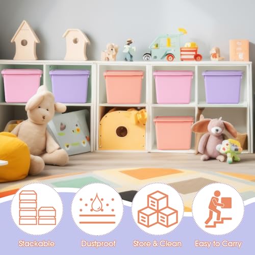 Potchen 6 Pack Cute Plastic Storage Bins with Lids Decorative Stackable Storage Boxes 9.8" ×7.3" ×5.7" Small Storing Totes for Organizing Craft Office Supplies (Pink,Purple,Orange) - color: Pink,Purple,Orange