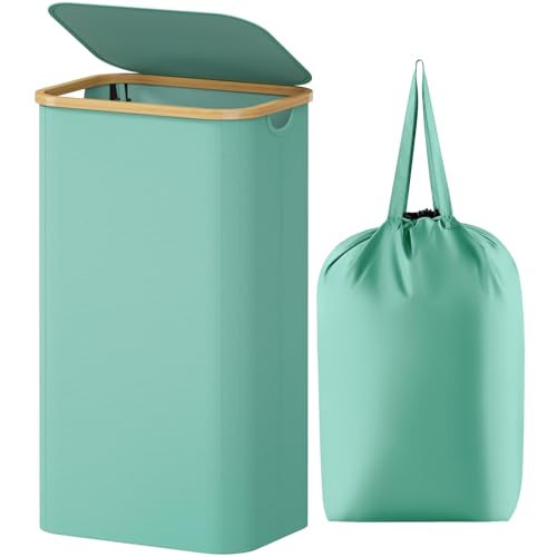 Lifewit 100L Laundry Basket with Lid, Clothes Hampers for Laundry with Bamboo Handles and 1 Removable Bag, Large Foldable Laundry Hamper for Bedroom, Bathroom, Dorm, Laundry Room, Sage Green - color: Sage Green, size: 100L