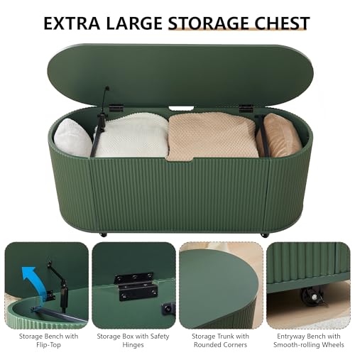 Fluted Storage Bench with 4 Wheels, 43.3” Oval Storage Chest with Safety Hinges, Modern Wooden End of Bed Bench, Large Storage Trunk Toy Chest with Lift Top for Entryway Bedroom Living Room, Green - color: Green