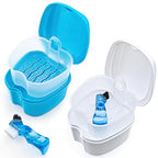 Keedolla 2 Pack Cute Denture Cups Denture Bath Container for Soaking False Teeth, Denture Storage Container Soaking Bath Case with 2 Brush - Blue and White - color: Blue & White