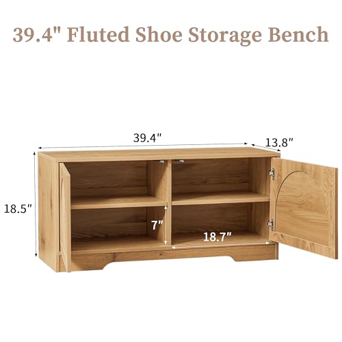BERRYMERRY 39.4" Fluted Shoe Storage Bench for Entryway,2 Tier Shoe Cabinet Bench with Adjustable Shelf,Bench for Bedroom End of Bed (Natural, 13.8”D x 39.4”W x 18.5”H) - color: Natural