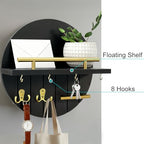 OurWarm Key Holder Wall Mount, 11.8 Inch Black Decorative Key and Mail Holder Organizer with 8 Key Hooks, Round Wooden Key Rack Key Hanger with Shelf for Wall Entryway Boho Home Decor