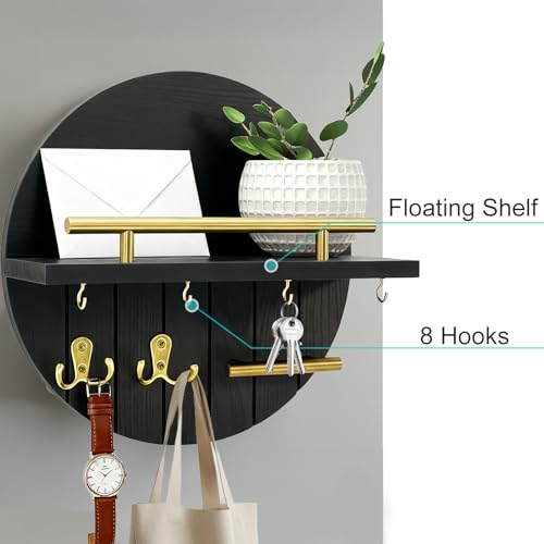 OurWarm Key Holder Wall Mount, 11.8 Inch Black Decorative Key and Mail Holder Organizer with 8 Key Hooks, Round Wooden Key Rack Key Hanger with Shelf for Wall Entryway Boho Home Decor