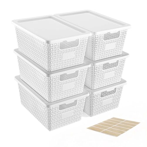 Plastic Storage Baskets with Lids [6-Pack] – Stackable Organizing Bins with Secure Snap-On Lids for Pantry, Bathroom & Closet | 11"x7"x5" Bins Hold 25lbs, Dustproof & Water-Resistant, White - color: White