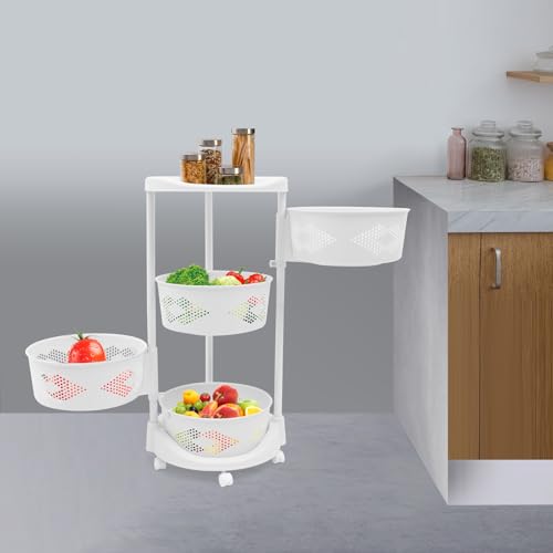 Fruit Basket for Kitchen, 4 Tier Circular Rotating Basket Large Storage Rack with Wheels, Standing Shelf Storage, Multi-Layer Storage Shelves with Top Lid for Living Room, Office, White (4-Tier) - size: 4-Tier