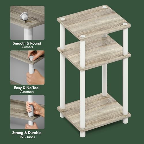 Furinno JUST Side Table, 3-Tier End Table, Open Shelves Night Stand, Bedside Table, Toolless Assembly, for Living Room, Bedroom, Bathroom, Sonoma Oak - color: Sonoma Oak/White, size: 3-Tier, Round Pole, style: 1-Pack