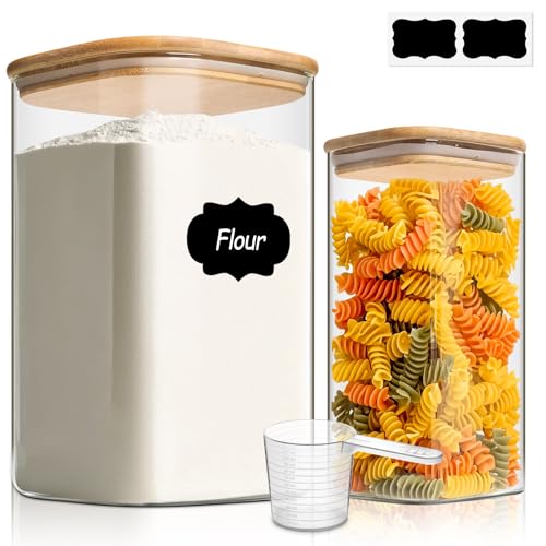 ComSaf Glass Pantry Storage Containers, 4.6Qt/1.6Qt Large Square Flour and Sugar Containers with Airtight Lids, 1.2 Gallon Glass Jars with Bamboo Lids for Rice, Pasta, Cookies, Coffee Beans - color: 4.6Qt/1.6Qt-Square