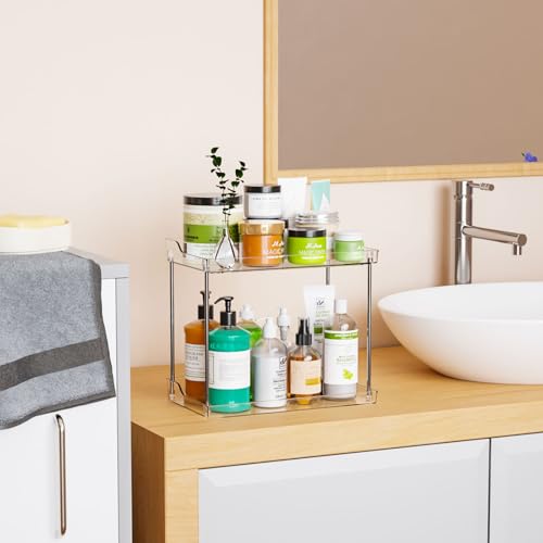 Yieach Clear Acrylic Bathroom Counter Organizers and Storage Tray, 2 Tier Makeup,Perfume,Skincare Organizer Shelf & Vanity Storage for Bedroom and Counter Top Spice Racks for Kitchen Corner,Rectangle - size: 2 Tier-Rectangular