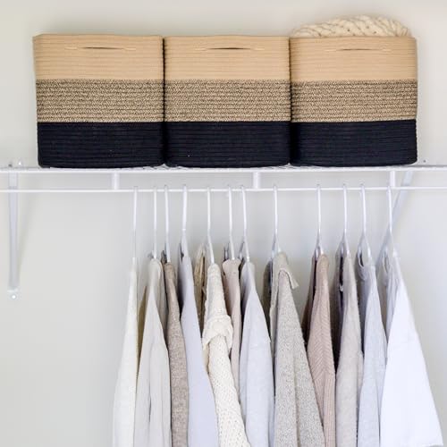 NaturalCozy Storage Cubes 11 Inch Cotton Rope Woven Baskets for Organizing, 3-Pack | Cube Storage Bin | Square Storage Baskets for Shelves Organizer, Classroom, Kids Toy Bins, Closet, Baby Nursery - color: 3-Tone Black & Tan Brown