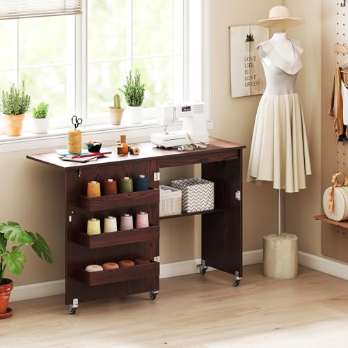 Giantex Folding Sewing Table with Storage, 3 Side Trays & Open Shelf, Built-in Charging Station, Mobile Craft Desk with Lockable Wheels, Space-Saving Sewing Machine Table for Home, Dorms, Espresso - color: Espresso