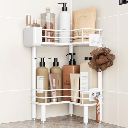 Orimade Rustproof 2 Tier Floor Standing Corner Shower Caddy Organizer with Toothbrush Holder, Large Spacing Floor Shower Shelf Rack Storage Stands with Hooks for Bathroom Kitchen, White - color: White, size: 2 Tier