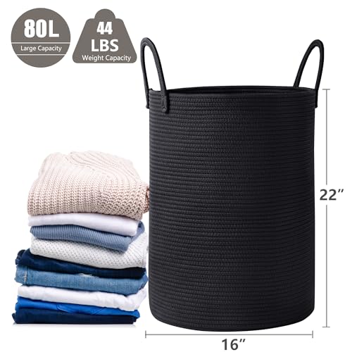 80L Extra Large Black Laundry Hamper Tall Woven Rope Laundry Basket for Clothes Modern Blanket Storage Basket in Living Room Bedroom 16"L x 16"W x 22"H - color: Black, size: Extra Large (80L)