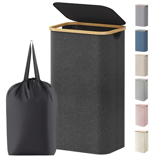 Lifewit 100L Laundry Basket with Lid, Clothes Hampers for Laundry with Bamboo Handles and 1 Removable Bag, Large Foldable Laundry Hamper for Bedroom, Bathroom, Dorm, Laundry Room, Dark Gray - color: Dark Gray, size: 100L