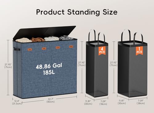Laundry Hamper 4-Section with Lid, 185L Laundry Sorter with 4 Removable Bags + 1 Extra Large Bag, Switchable 3/4 Compartment, Laundry Basket Organizer for Bedroom, Laundry Room，Navy Bule - color: Navy Bule, size: 185L - 4 Section