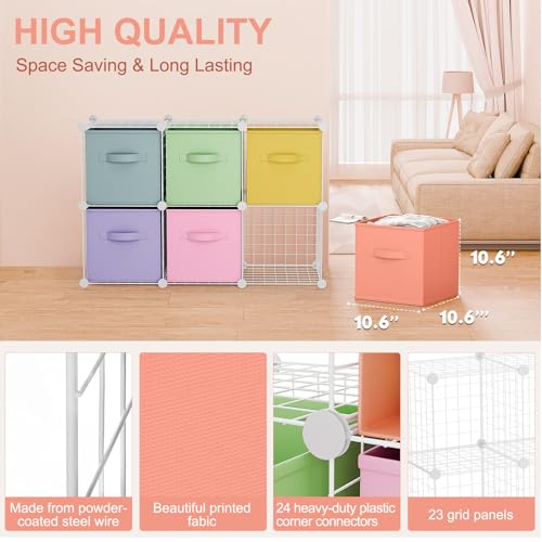 Leinuosen 6 Cube Storage Organizer with 6 Foldable Fabric Storage Bins, Metal Wire Grid Shelves, Stackable Modular Closet Organizer for Bedroom Living Room Office Toys Books(White,Fresh Color) - color: White,Fresh Color