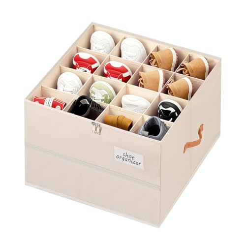 Shoe Organizer for Closet, Foldable Shoe Storage Organizer Containers with Clear Cover, Space Saving Shoes Holder with Handles, Beige (1, L) - color: Beige-1pcs Large