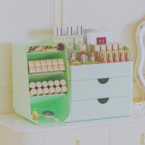 Makeup Organizer with Drawers, Large Capacity Countertop Organizer for Vanity, Bathroom and Bedroom Desk Cosmetics Organizer, Easy To Storage Skincare, Brushes, Eyeshadow, Lipstick (All Green) - color: All Green, size: Medium