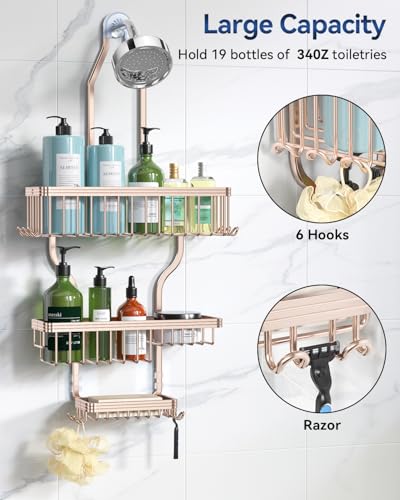 YASONIC Shower Caddy Hanging - Never Rust Shower Organizer - Aluminum over The shower head caddy with 10 Hooks for Razor/Sponge - Shower Rack with Soap Basket - Rose Gold - color: Rose Gold