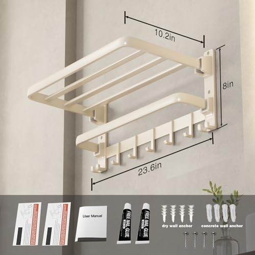 VOLDRA Towel Racks for Bathroom, 24-Inch Towel Shelf with Towel Bar Foldable Towel Holder with 7 Hooks Towel Storage Organizer for Bathroom & Lavatory Wall Mounted(Cream White) - color: Milky White, size: Extra 1 towel bar