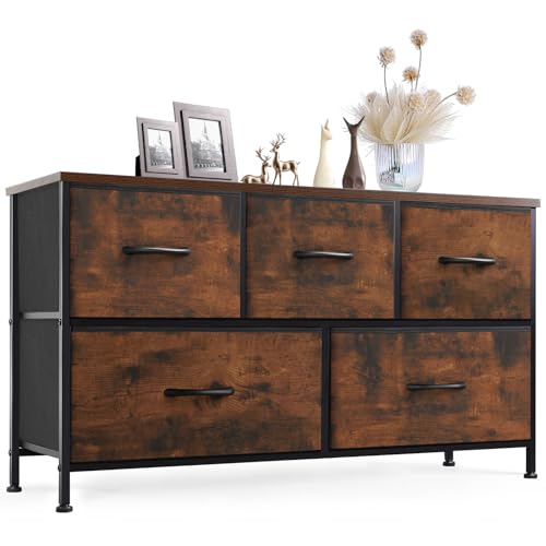 Sweetcrispy Dresser for Bedroom with 5 Storage Drawers, Fabric Storage Tower Organizer, Chest of Drawers with Metal Frame Wooden Top for Closet, Living Room, Entryway, Rust Brown - color: Brown, size: 39.4"D x 11.8"W x 20.9"H (5 Drawers)