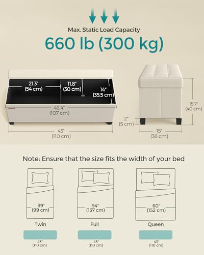 SONGMICS Storage Ottoman Bench, Foldable Foot Rest with Legs, 15 x 43 x 15.7 Inches, End of Bed Bench, Storage Chest, Load up to 660 lb, for Living Room, Bedroom, Entryway, Cream White ULSF018W01 - color: Cream White, size: 15"D x 43"W x 15.7"H