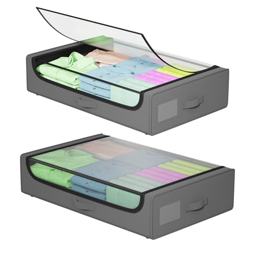FDW Under Bed Storage Containers 2-Pack Closet Organizers Foldable Storage Bins with Clear Window Storage Containers for Shoes, and Books, Grey - color: Grey